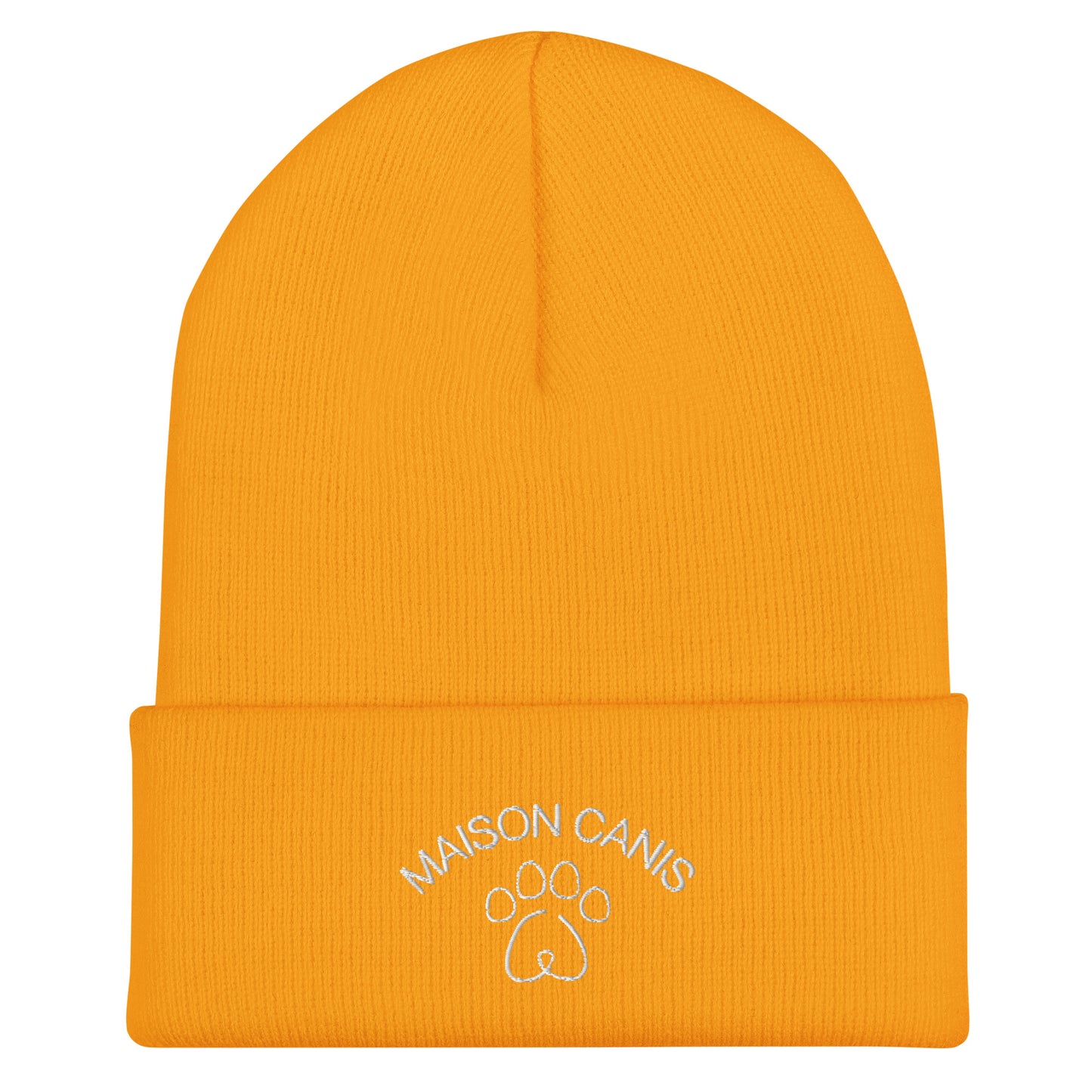 Bonnet Maison Canis jaune avec logo brodé blanc, style hivernal montréalais.