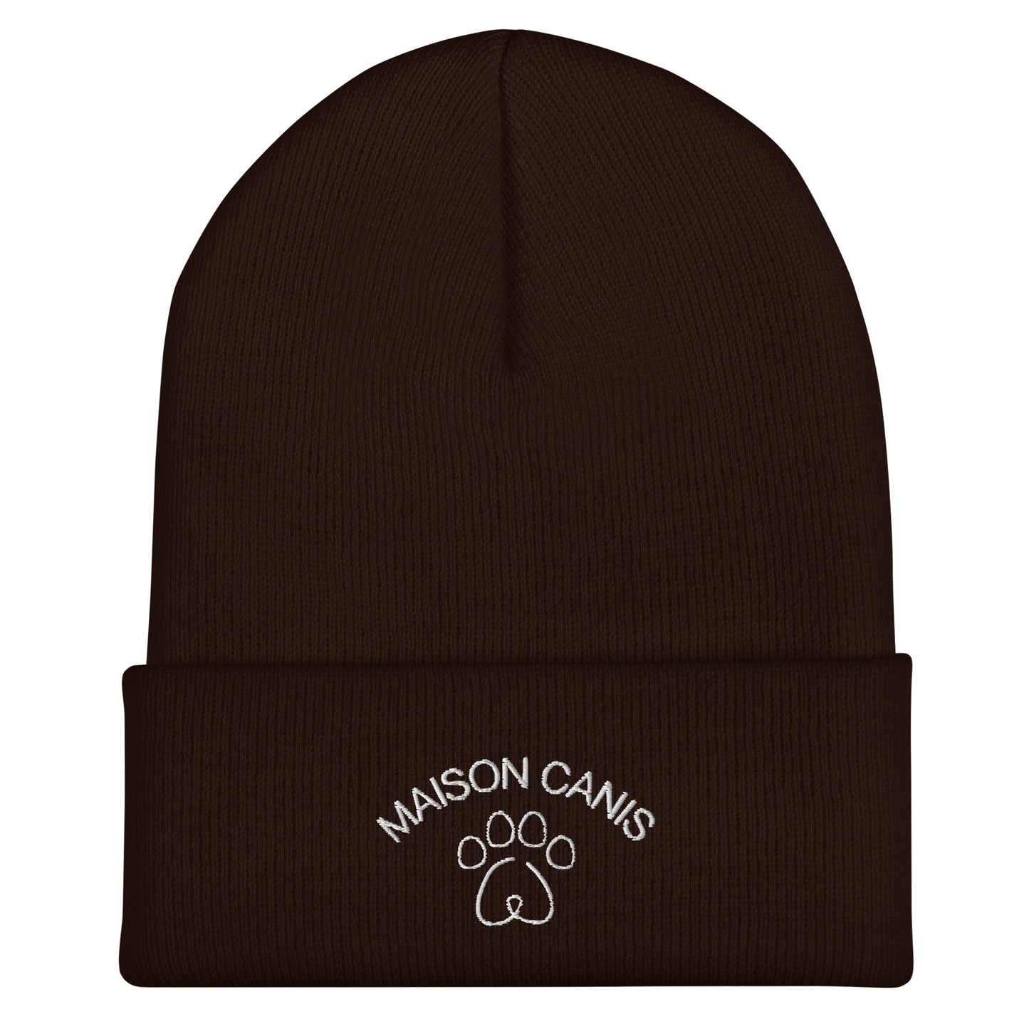 Bonnet Maison Canis marron avec logo brodé blanc, style hivernal montréalais.