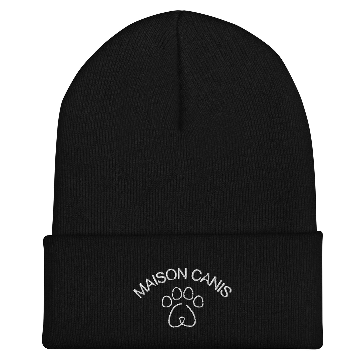 Bonnet Maison Canis noir avec logo brodé blanc, style hivernal montréalais.