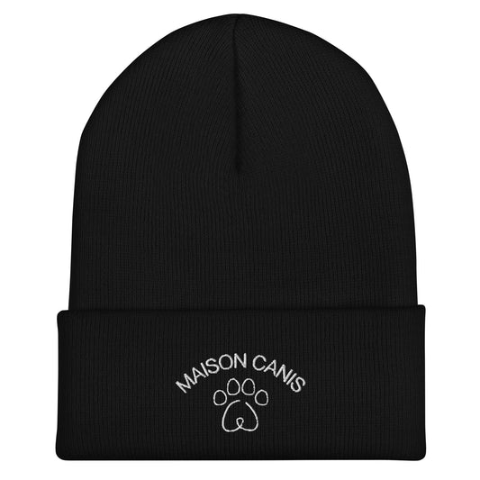 Bonnet Maison Canis noir avec logo brodé blanc, style hivernal montréalais.