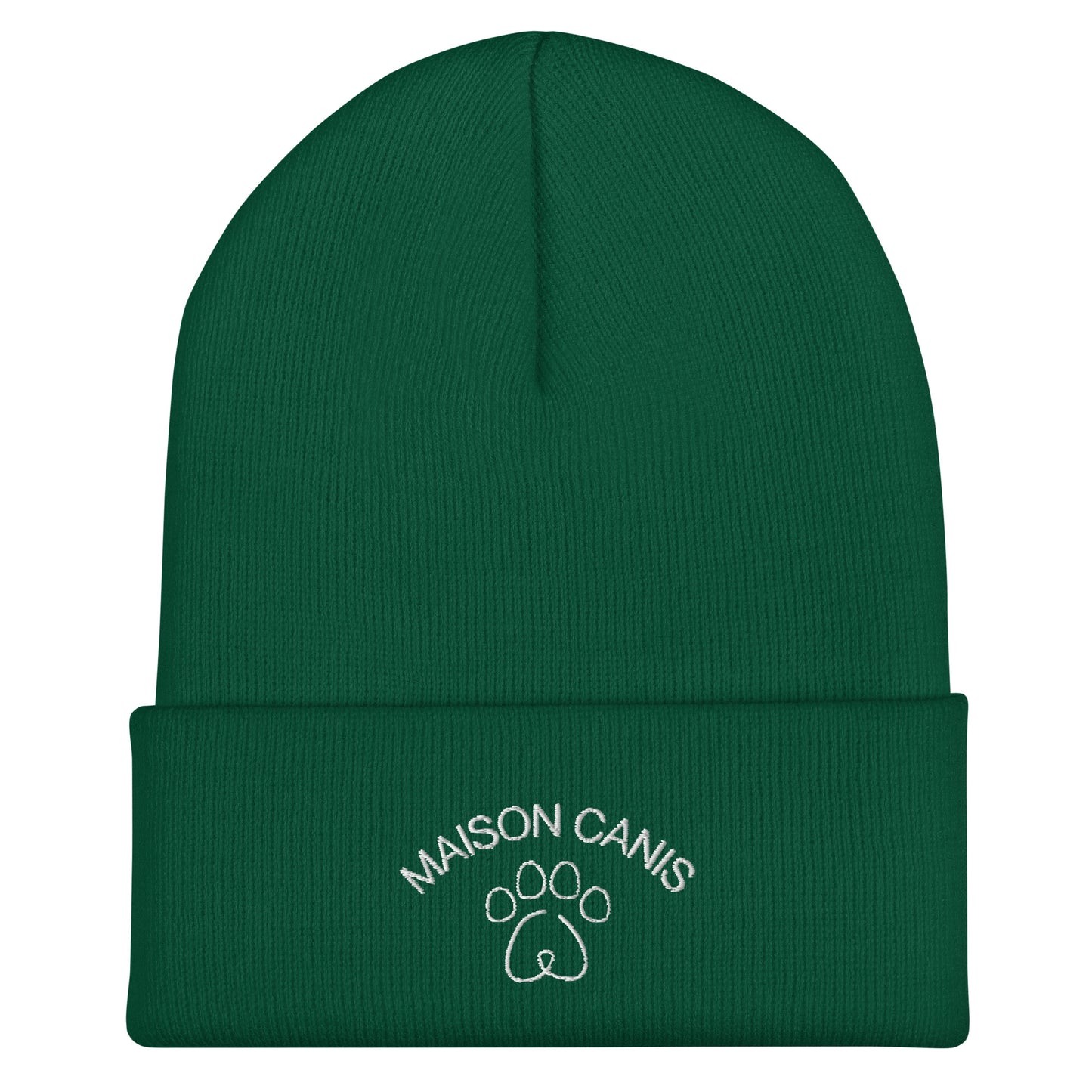 Bonnet Maison Canis vert avec logo brodé blanc, style hivernal montréalais.