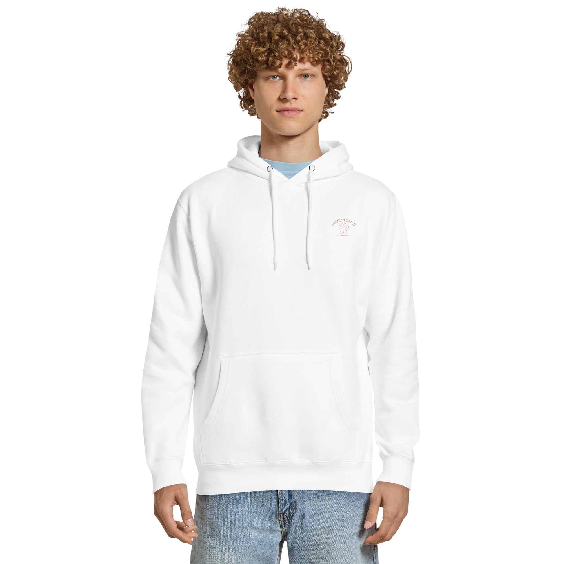 Pull Maison Canis blanc Moins de monde plus de chiens, style minimaliste montréalais.