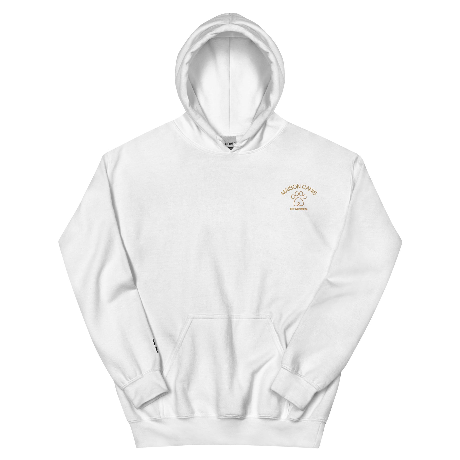 Sweat à capuche blanc Maison Canis avec broderie “Compagnon” terracotta.