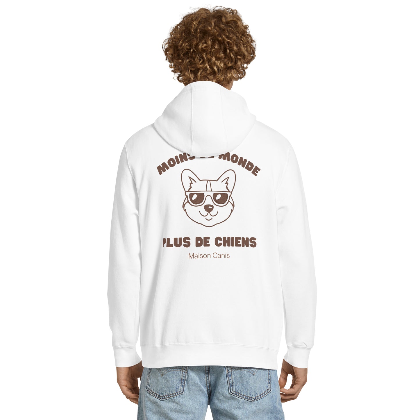 Pull Maison Canis blanc Moins de monde plus de chiens, style minimaliste montréalais.