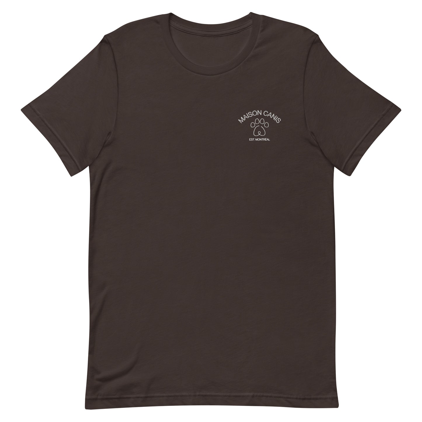 T-shirt marron Maison Canis avec logo blanc brodé, style streetwear minimaliste.