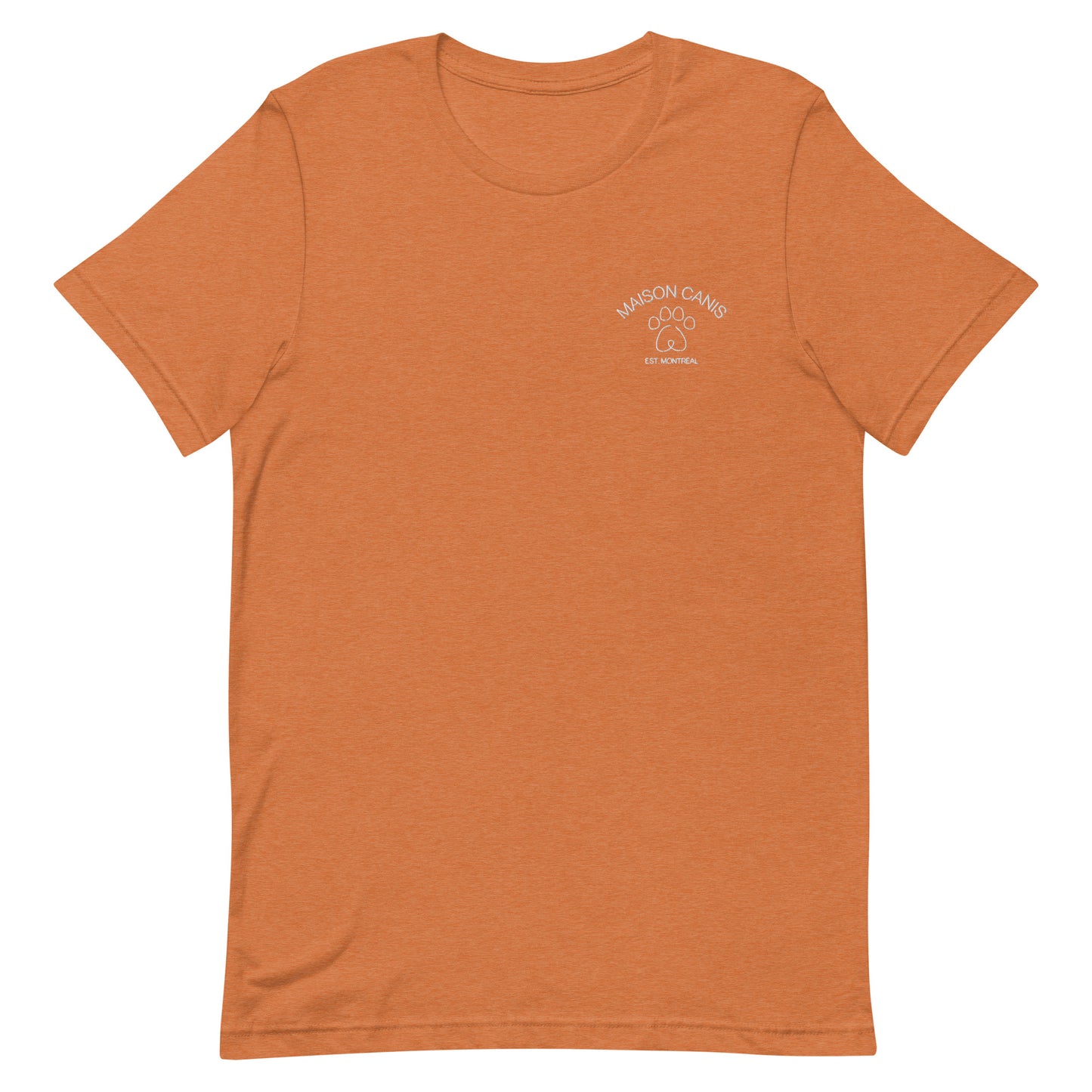 T-shirt orange Maison Canis avec logo blanc brodé, style streetwear minimaliste.