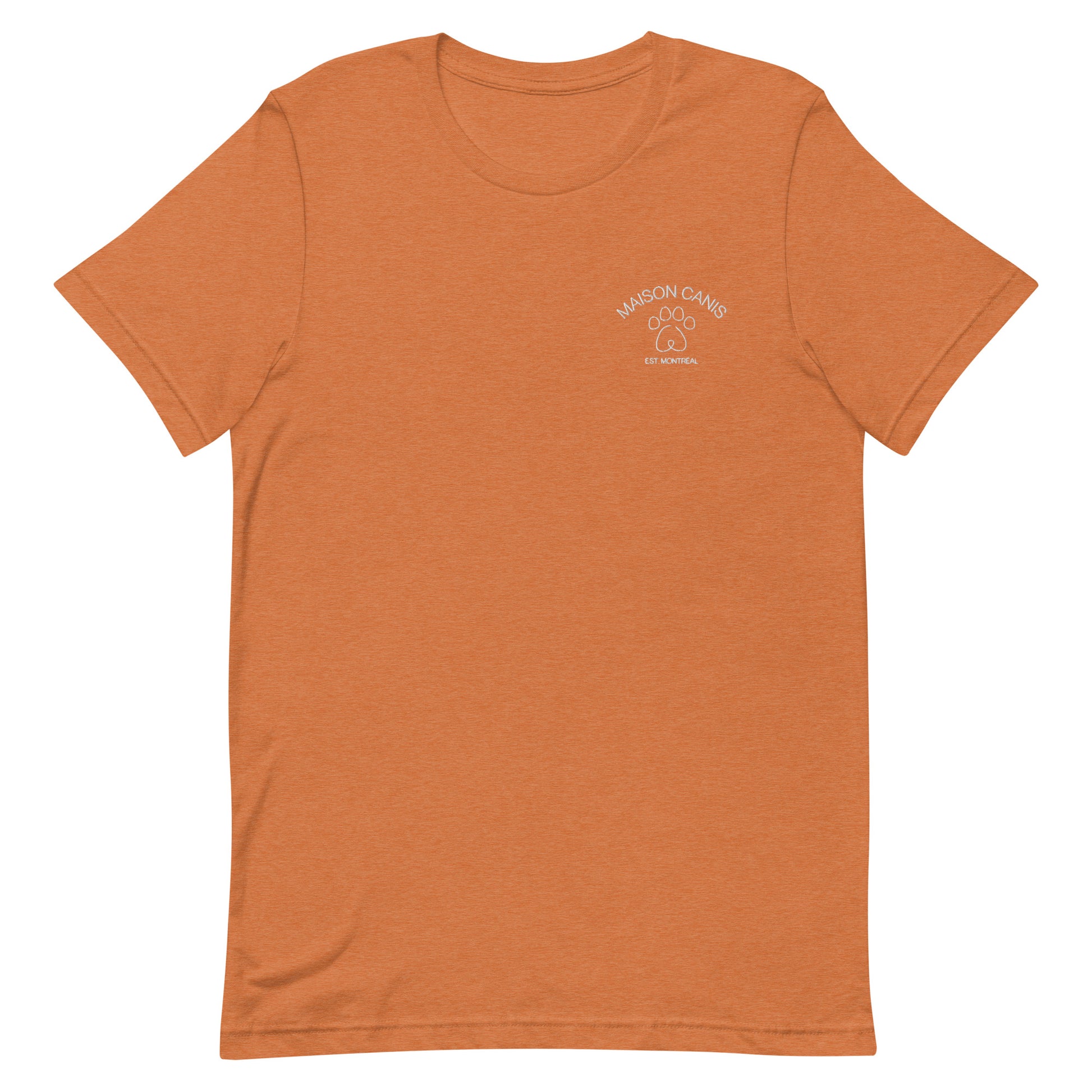 T-shirt orange Maison Canis avec logo blanc brodé, style streetwear minimaliste.